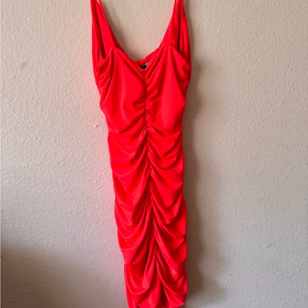 Forever 21 Women’s Orange Ruched Cutout Bodycon Dress Size Small Spaghetti Strap - Picture 3 of 3